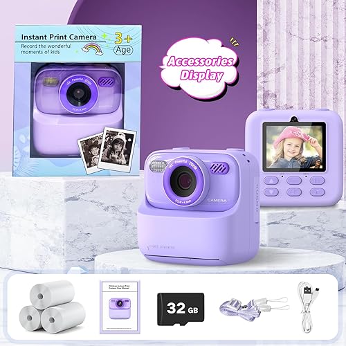 Miniatura 7 de Cámaras digitales instantáneas para niños y niñas, cámara digital selfie HD de doble lente 1080P con papel de impresión y tarjeta de 32G, regalos de