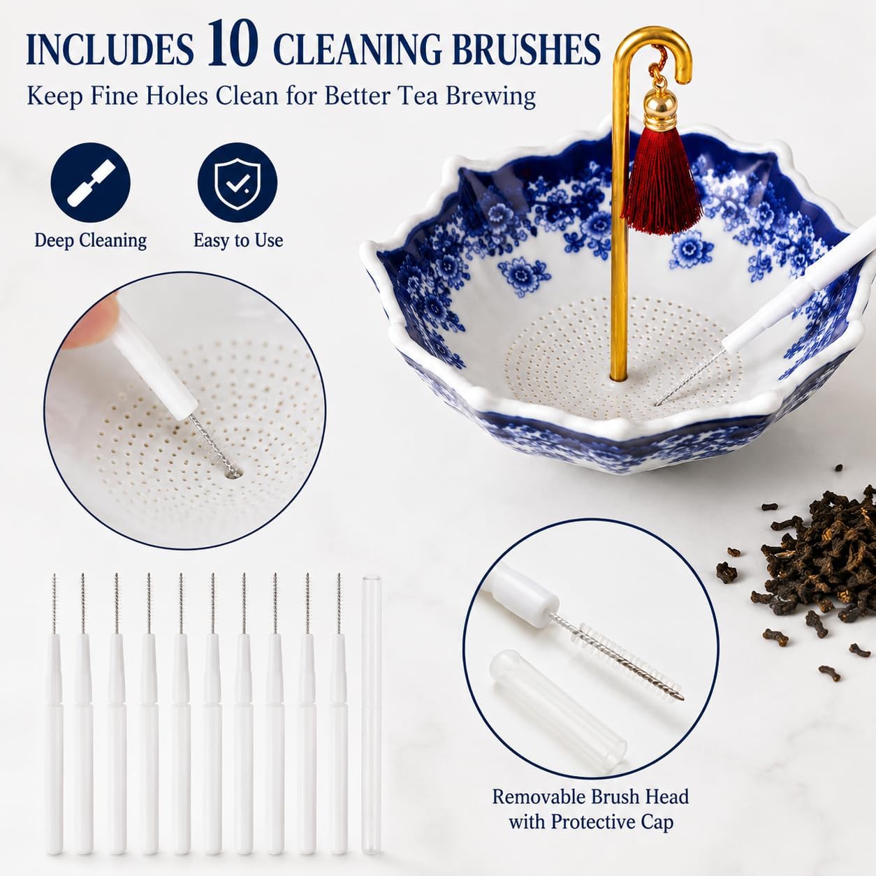 Umbrella Shape Ceramic Tea Strainer for Loose Leaf Tea, Blue and White Porcelain Tea Infuser with 360° Rotating Design and 10 Cleaning Brushes for Tea Cups and Mugs