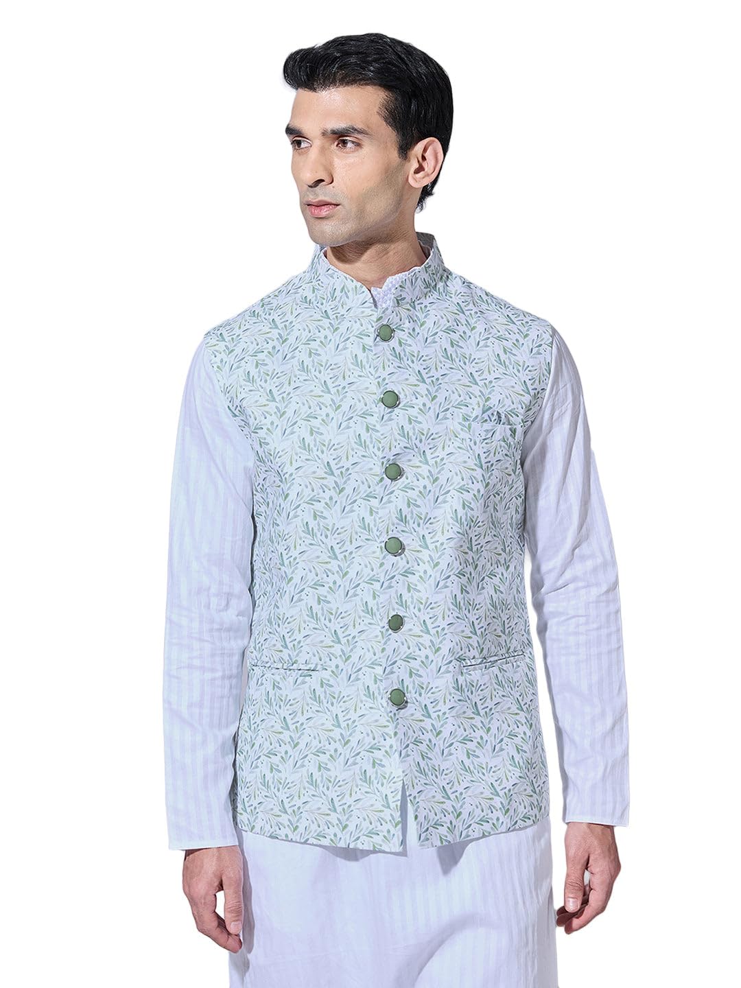 showoffff Men's Floral Printed Green Nehru Jacket-AK-1906-2_Green-picture-17
