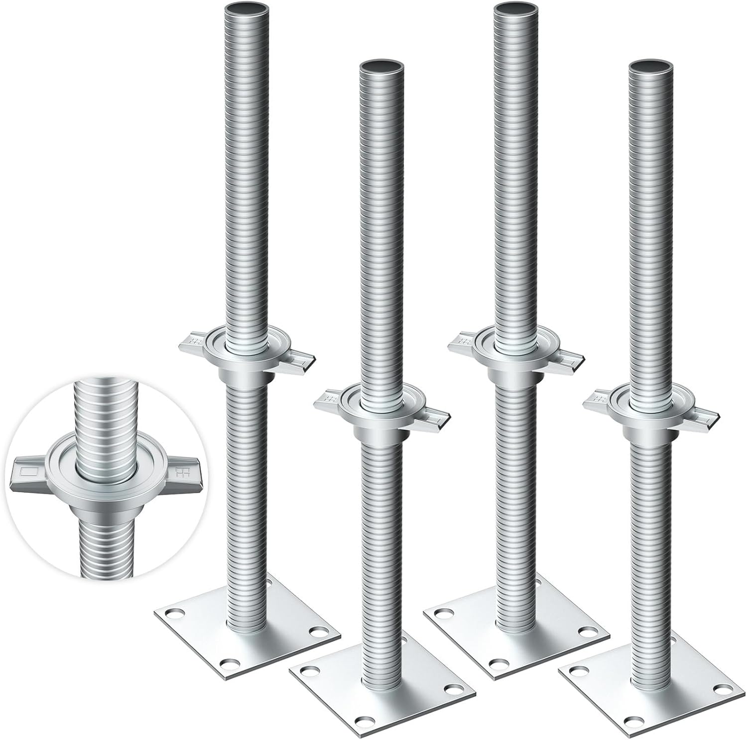 4 Pack 17" Hollow Heavy-Duty Adjustable Scaffold Leveling Jack with Base Plate, Galvanized Steel Screw Jack Baker Style Scaffolding for Construction, Bridges & Uneven Ground