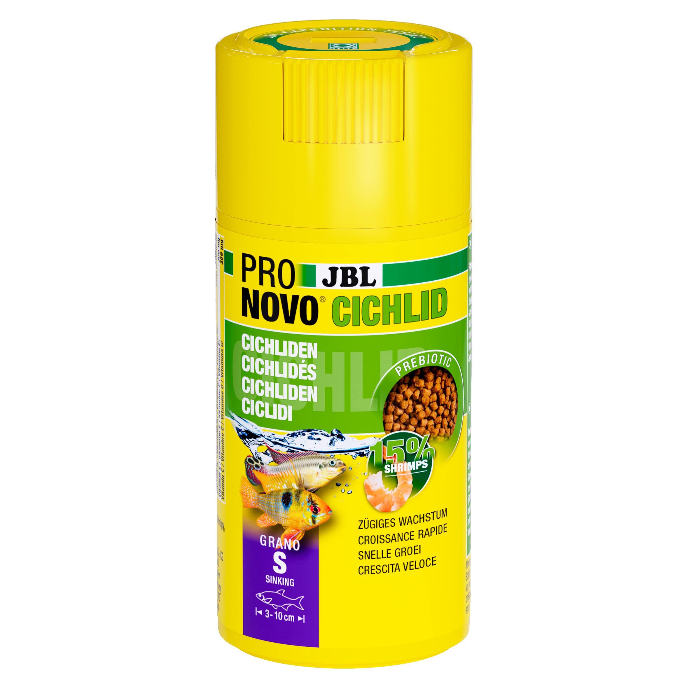 JBL PRONOVO Cichlid Grano, alimento Principal para cíclidos pequeños de 3 a 10 cm, dosificador Clic, gránulos para piensos para Peces, Talla S, 100 ml