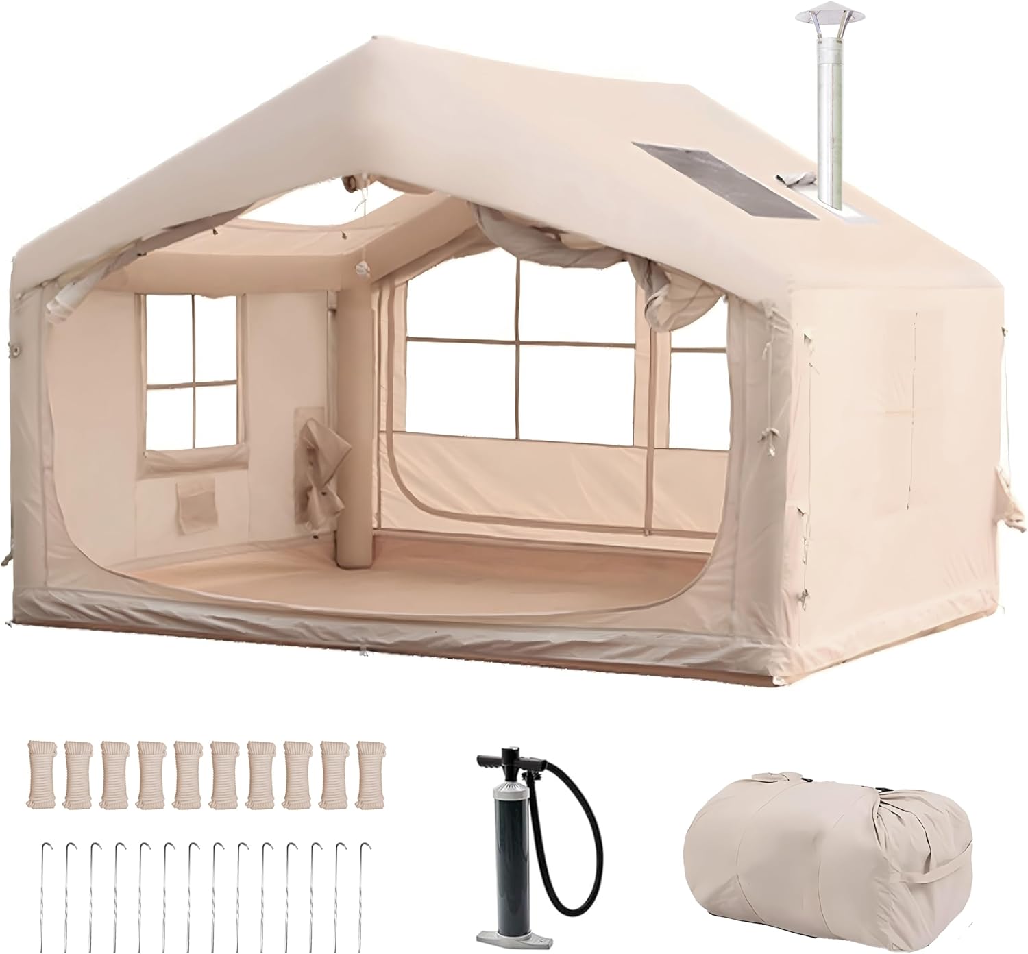 Inflatable Tent, Outdoor Easy Setup Inflatable Tents for Camping, Portable Blow Up Tent with Stove Jack, Cotton Canvas Material for Glamping, for 4 Season, 4/6/8/10 Person Use