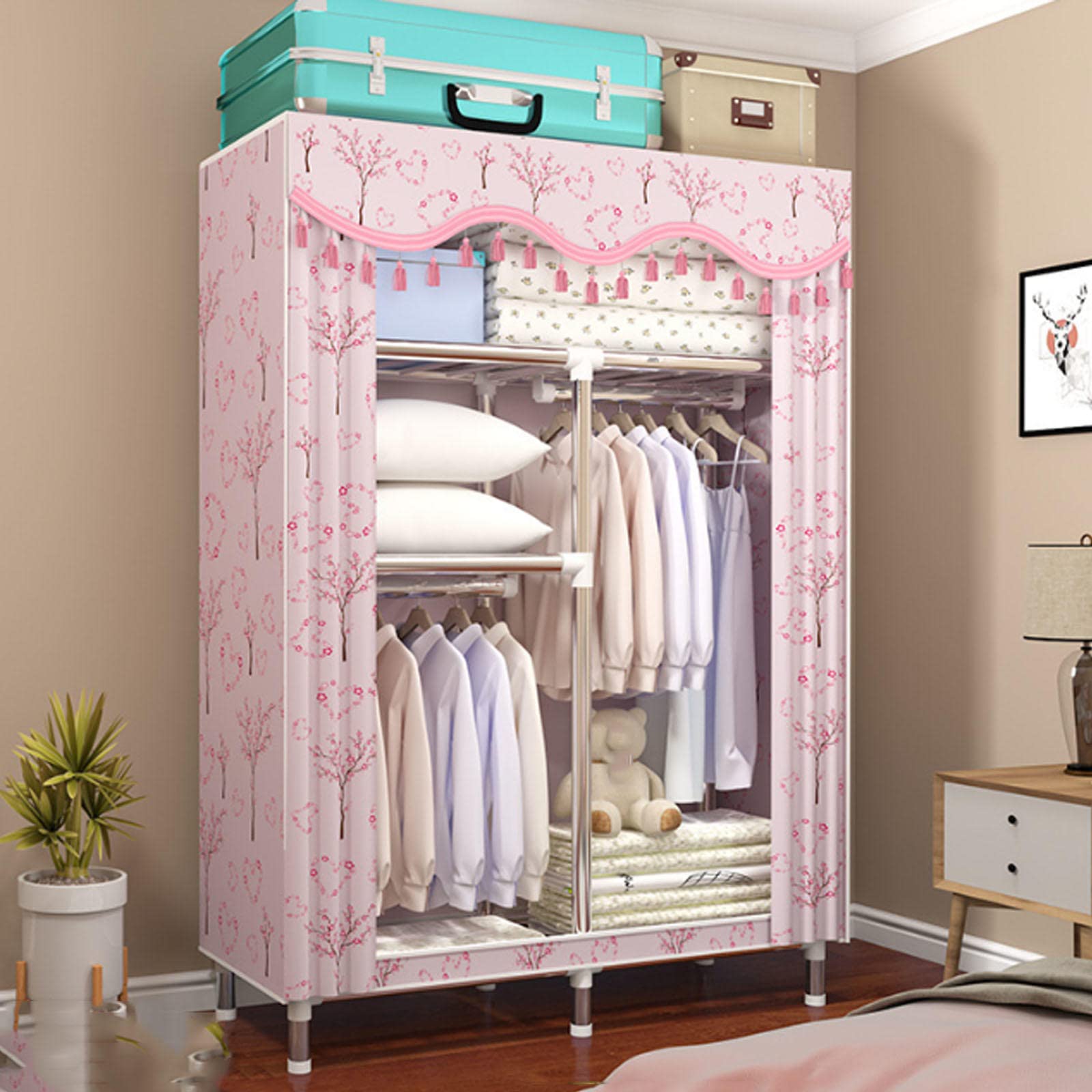 Kleiderschrank Tragbarer Canvas-Kleiderschrank, Stoff-Kleiderschrank-Aufbewahrungsorganisator mit Kleiderstange, faltbarer Schrank für Schlafzimmer,Rosa-90x46x170cm
