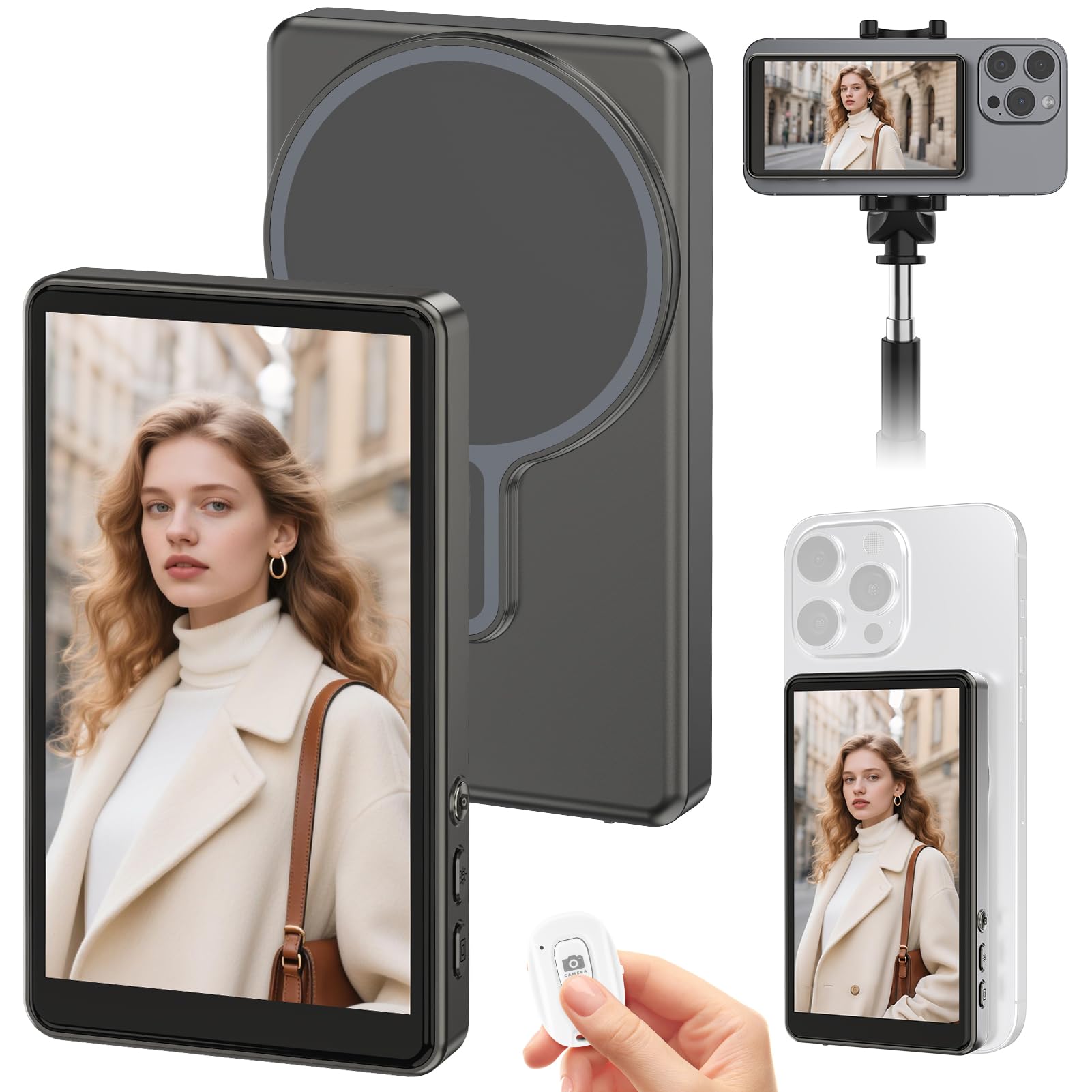 Pantalla para monitor de teléfono Vlog Selfie, conexión inalámbrica de montaje magnético con control remoto, grabación inalámbrica de 1080P, cámara trasera para selfie, vlog en vivo
