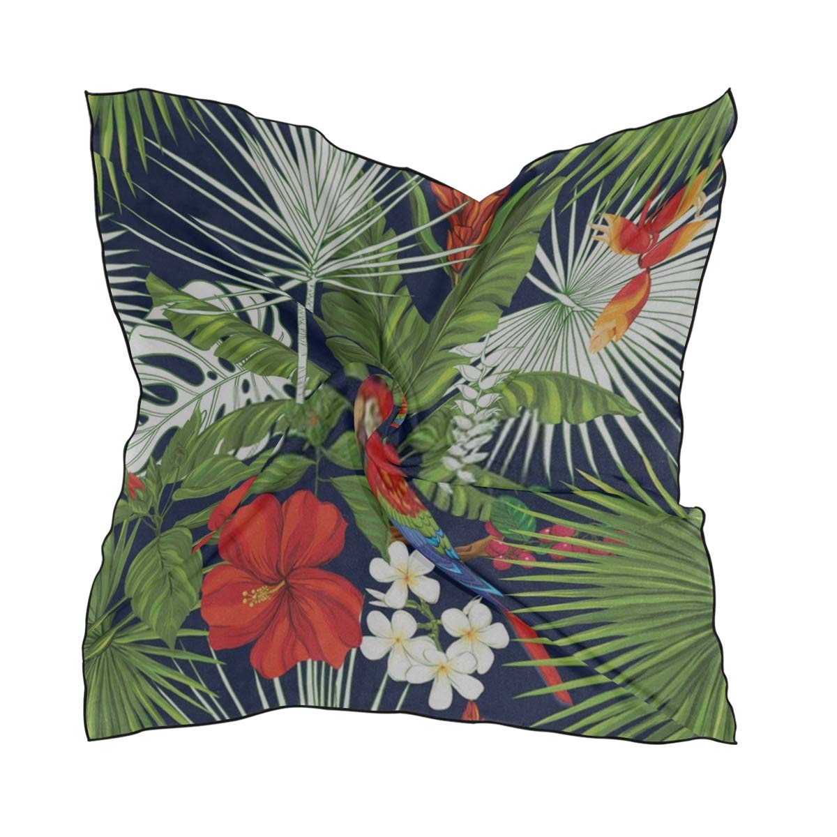 Women's Soft Polyester Silk Scarf, 23.62"x23.62"large Square Printed Seamless Pattern Background Parrot Tropical Plants Silk Feel Scarf
