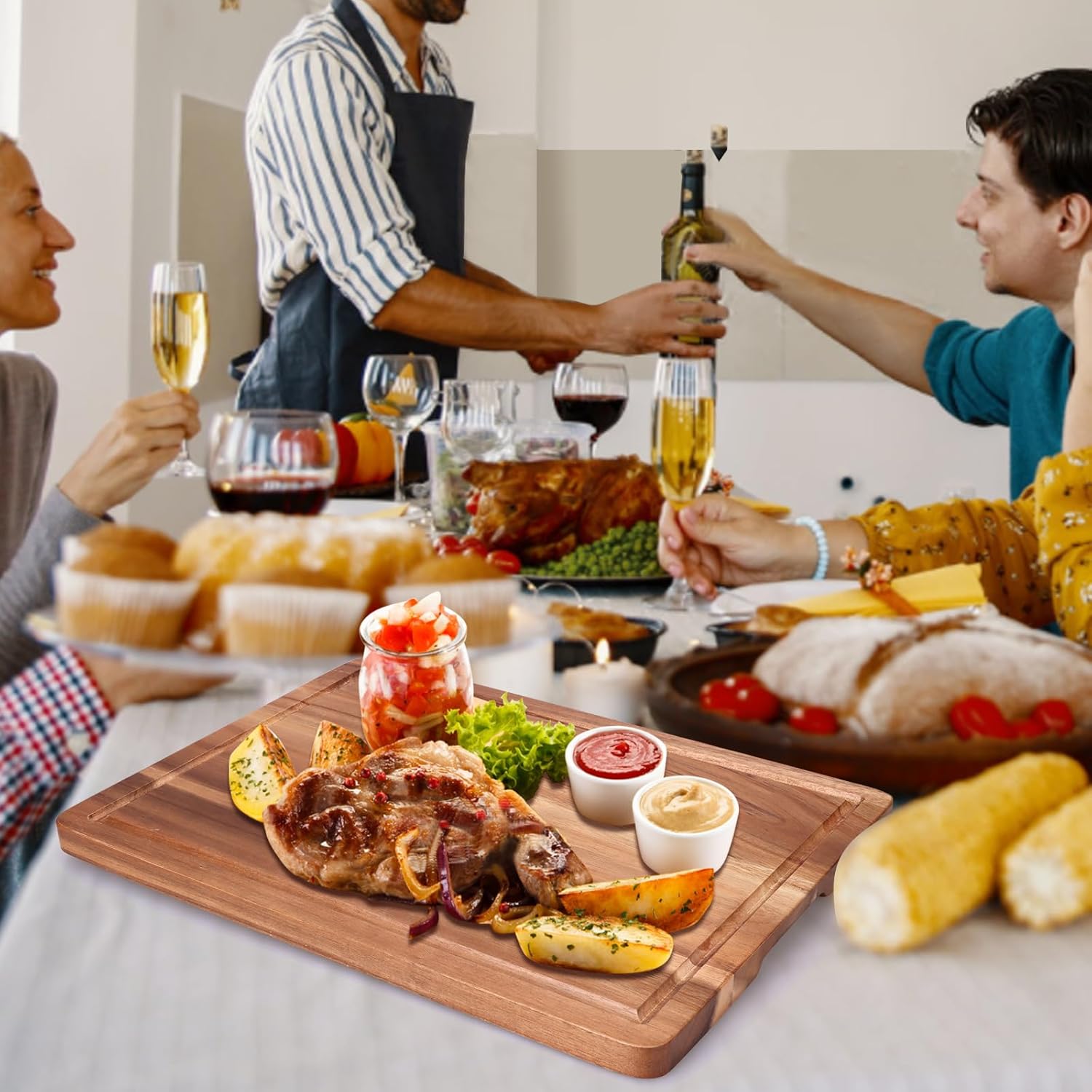 Acacia Wood Cutting Boards for Kitchen, Wooden Chopping Board with Side Handle and Juice Groove, 15" X 11" Carving Board, Butcher Block, Cheese Charcuterie Boards for Meat, Fruit, Steak - Image 6