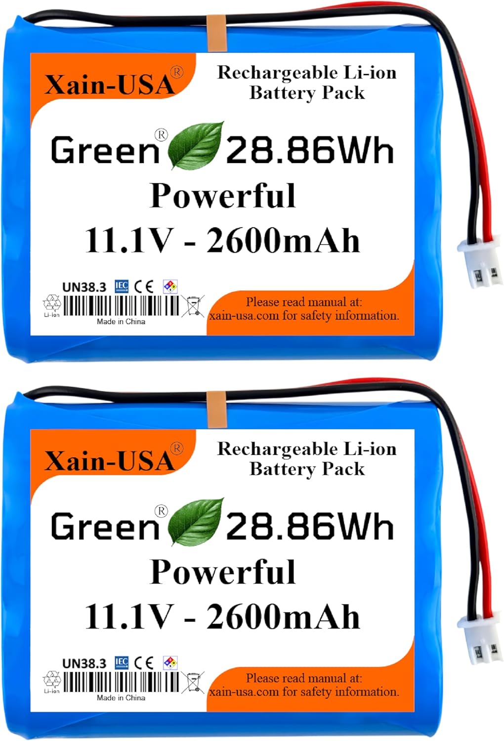 (2-Pack) 11.1V 2600mAh Li-ion Rechargeable Battery Pack, 3S1P with JST-XH 2-Pin Connector & Built-in BMS – Powerful Replacement Battery. for Super LifeJacket, Pool Vacuum, audio, robotics, lighting