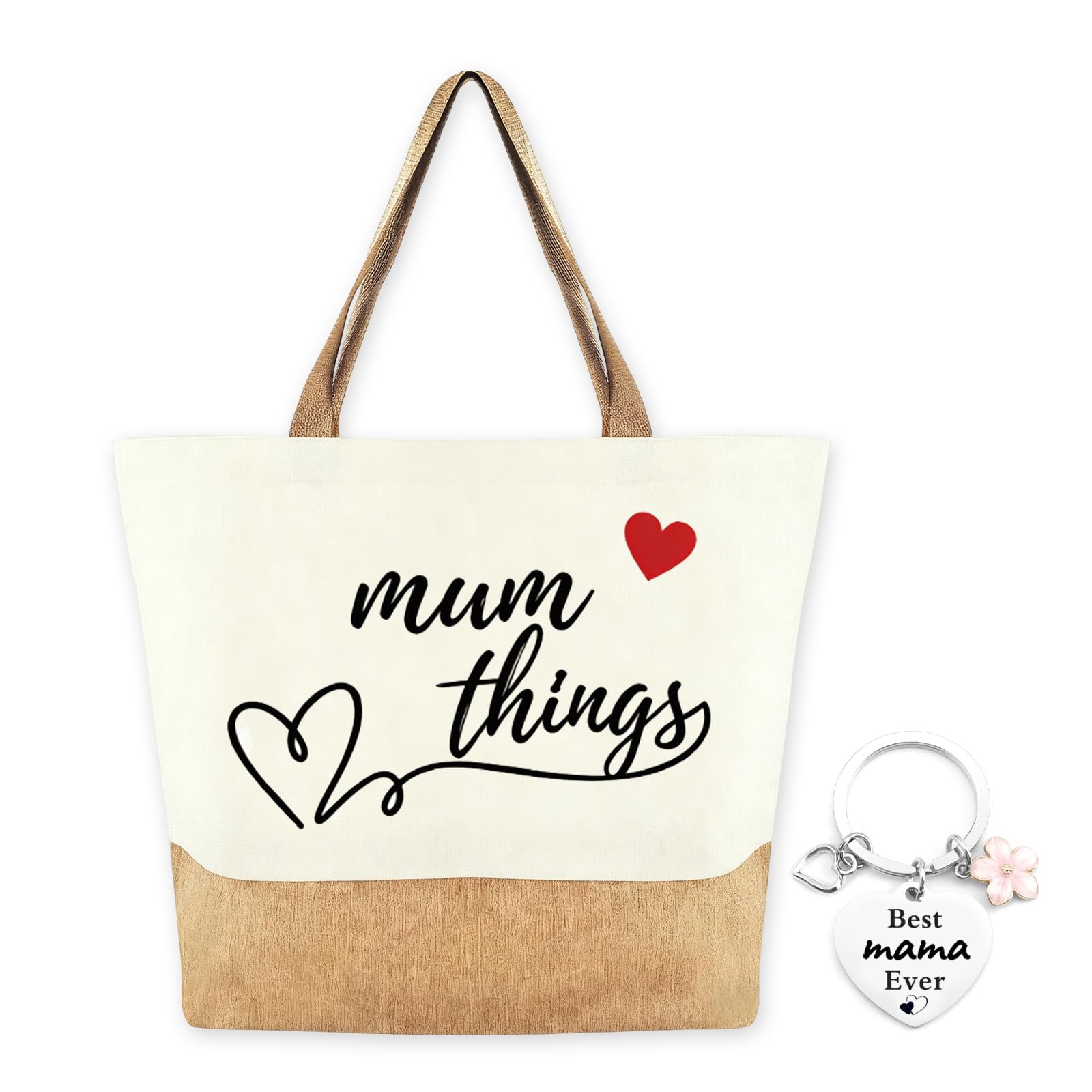 HgaftnK Mum Bag with Keyring Set, Large Jute Canvas Shopper for Work Shopping, Mothers Day Gift Bag for Women, Funny Mummy Birthday Gifts from Daughter Son, Beige
