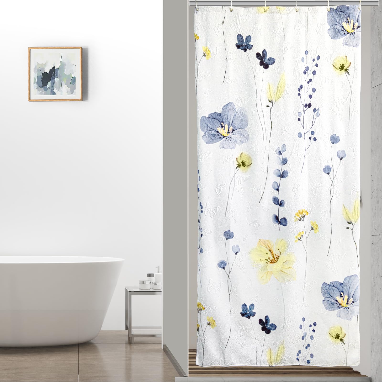 QiyI Small Stall Shower Curtain 36 x 72, Narrow Half Watercolor Floral Bath Curtain, 3D Embossed Blue Yellow Flower Cloth Bathroom Curtain, Waterproof