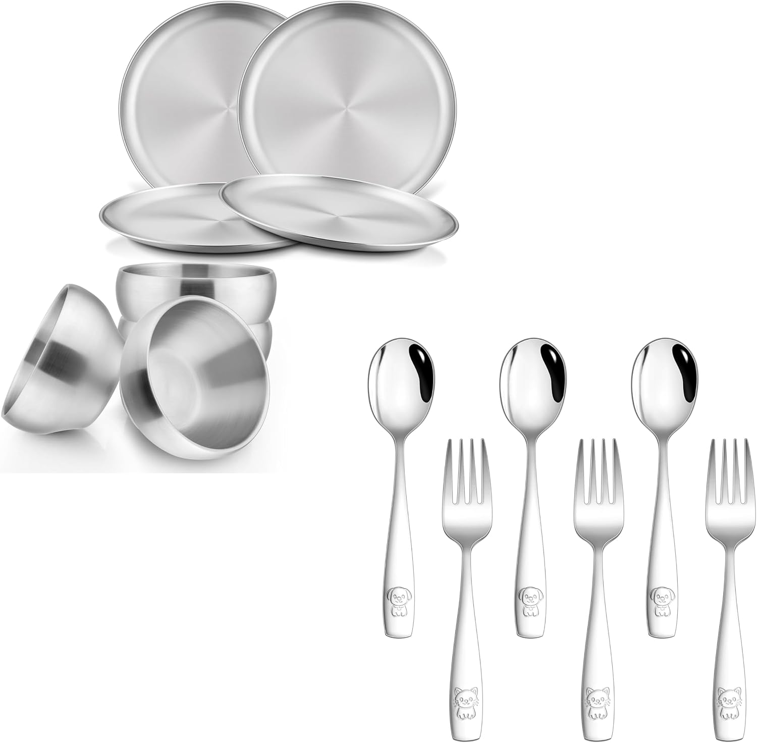 HaWare 14-Piece Kids Dinnerware Dish Set, Stainless Steel Tableware Set Include Kids Plates, Bowls, Spoons and Forks, Reusable Toddler Utensils for Home Picnic Restaurant, Dishwasher Safe