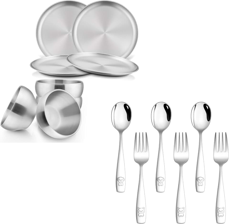 14-Piece Kids Dinnerware Dish Set, Stainless Steel Tableware Set Include Kids Plates, Bowls, Spoons and Forks, Reusable Toddler Ut