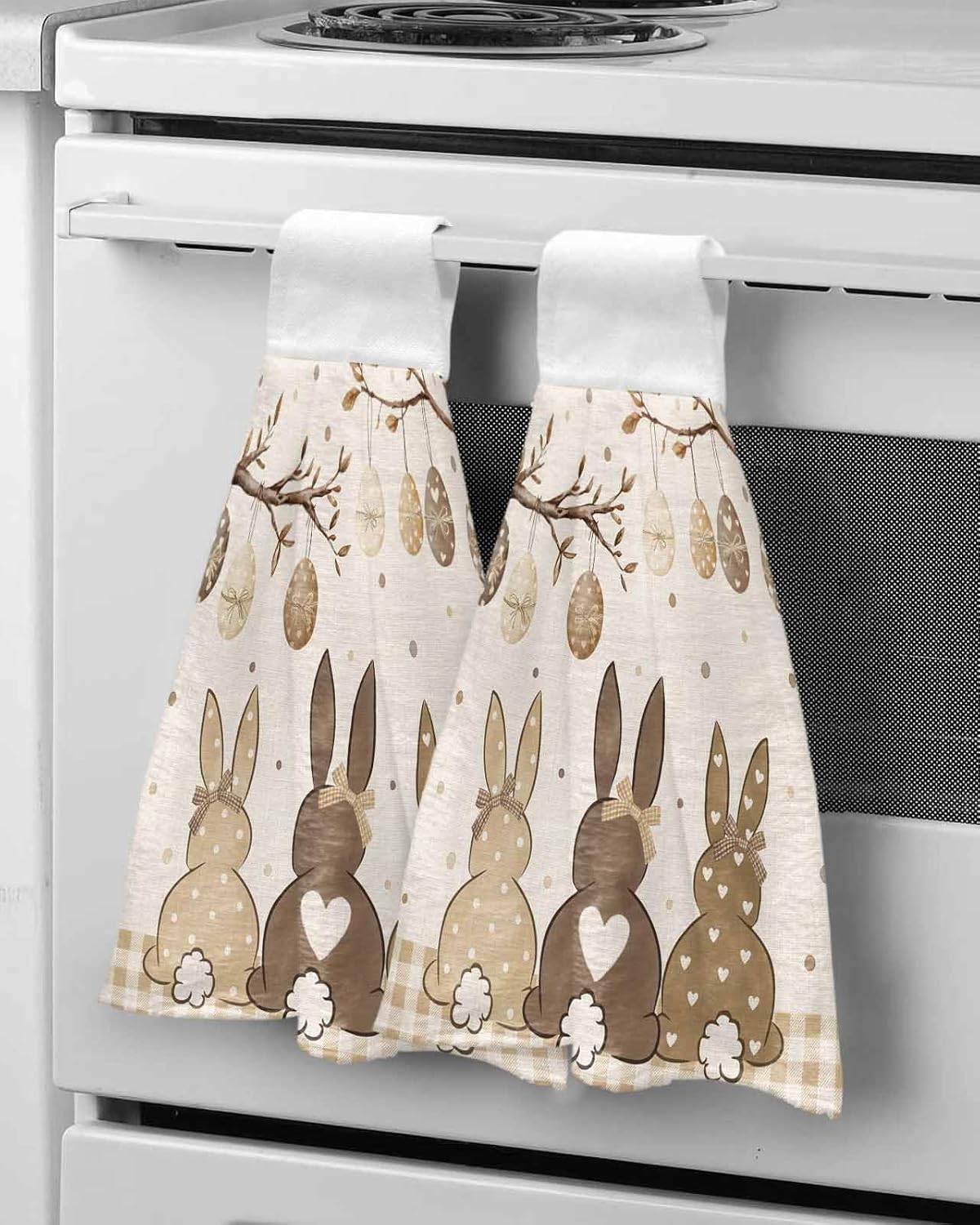Easter Rabbit Butt Kitchen Hand Towels with Hanging Loops Set of 1 Spring Bunny Brown Eggs Tree Leaves Soft Thick Oven Fingertip Dry Microfiber Tie Dish Towel Cleaning Washcloth for Bathroom,Kitchen