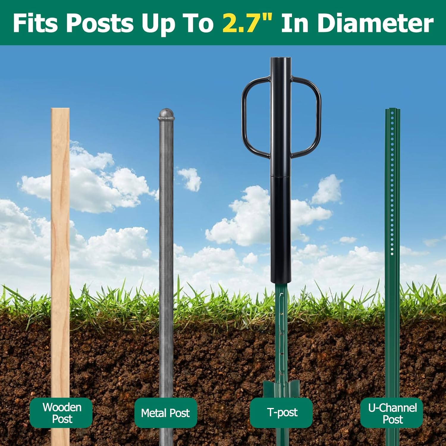 COCONUT 32" Long T Post Driver, 19 LBS Fence Post Driver with Handles, Metal Fence Post Pounder Hand Post Rammer Pilling Tool for U Channel Wooden Post