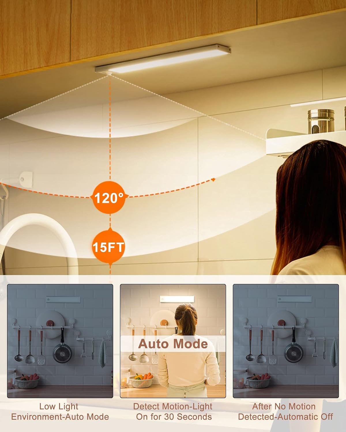 Under Cabinet Lights, Rechargeable Motion Sensor Light Indoor Stick-On Magnetic Battery Operated Lights (1500 mAh),Wireless LED Closet Lights Under Counter Lights for Kitchen Basement Hallway(2 Pack)