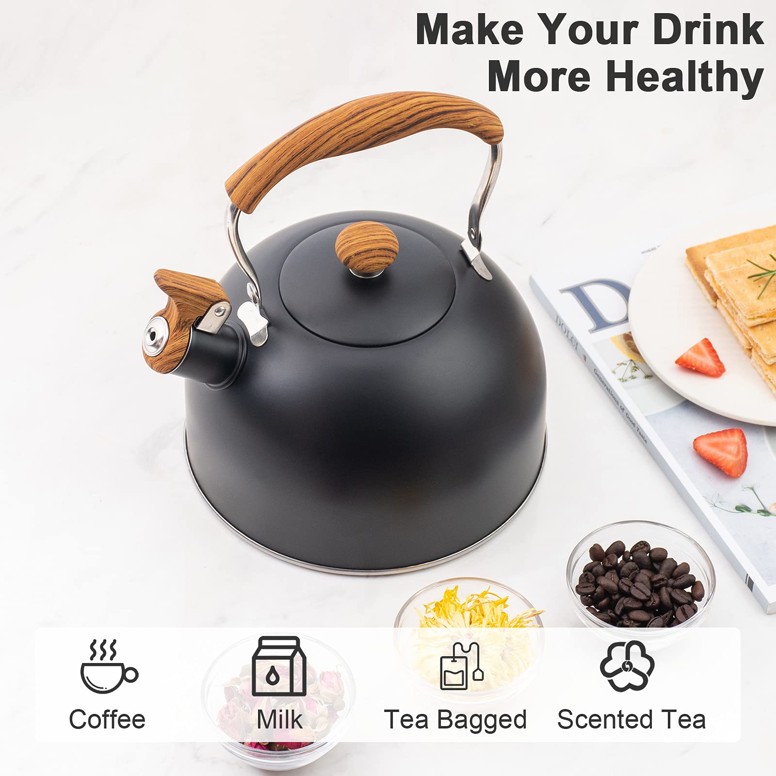 Tetera silbida con mango fuerte silbato, olla de té de acero inoxidable de grado alimenticio