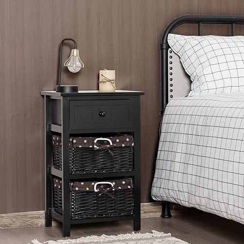 Miniatura 5 de COSTWAY Mesita de noche 3 capas 1 cajón mesa auxiliar organizador madera w2 cesta negro