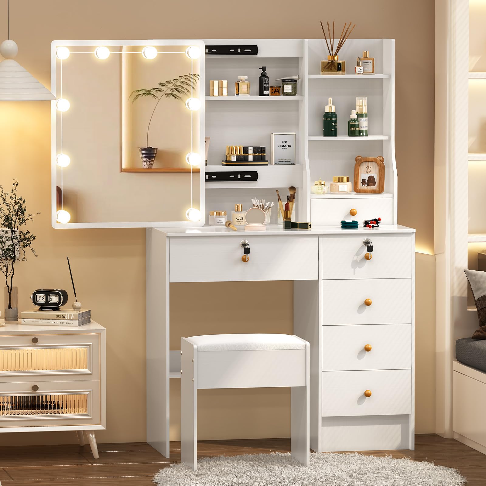 Buildonely Small Makeup Table with Sliding Mirror and Lights, Vanity Desk with 6 Drawers & 6 Storage Shelves & 1 Vanity Chair, Dressing Table with 3