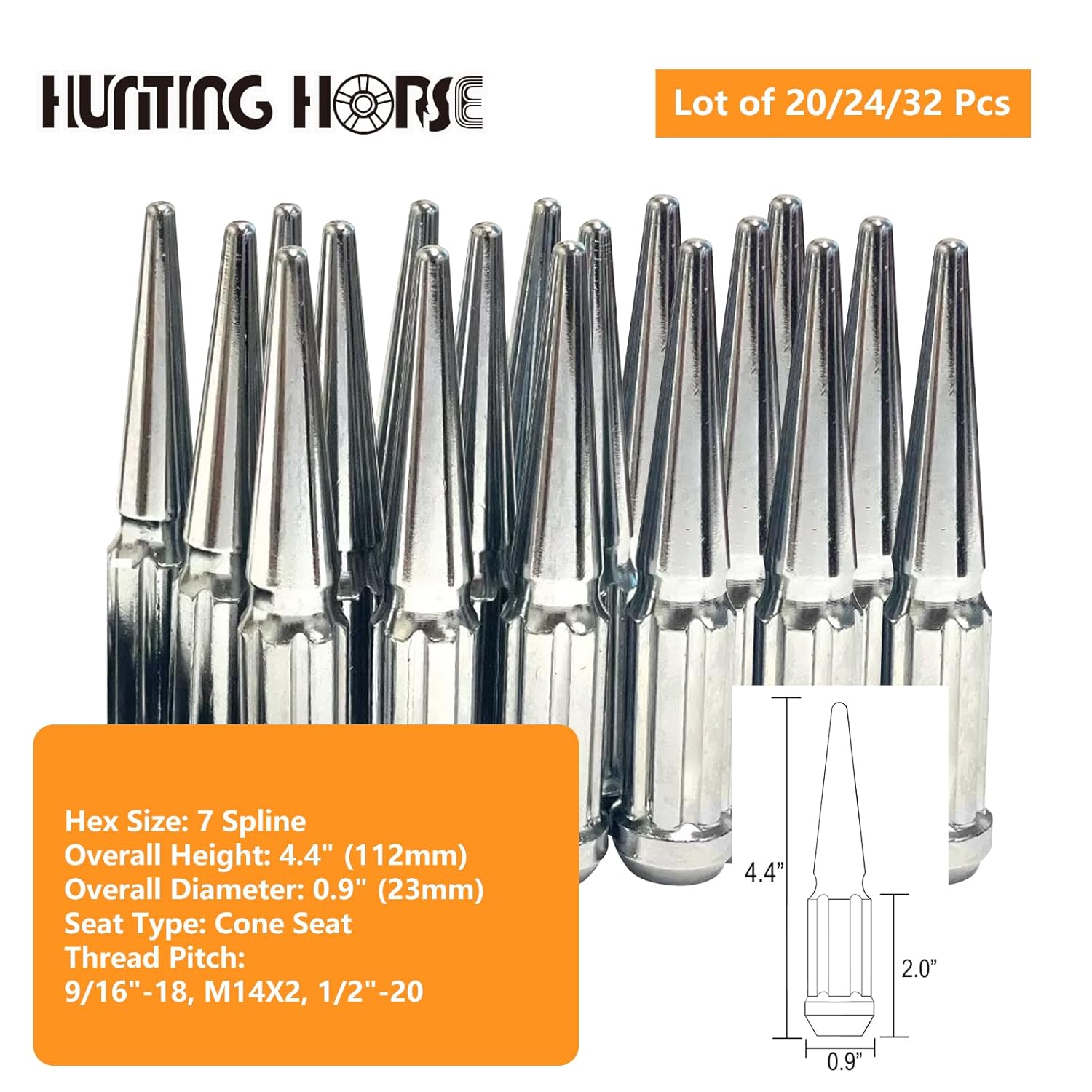 4.4" Spike Lug Nuts (20, Chrome, 1/2"-20)