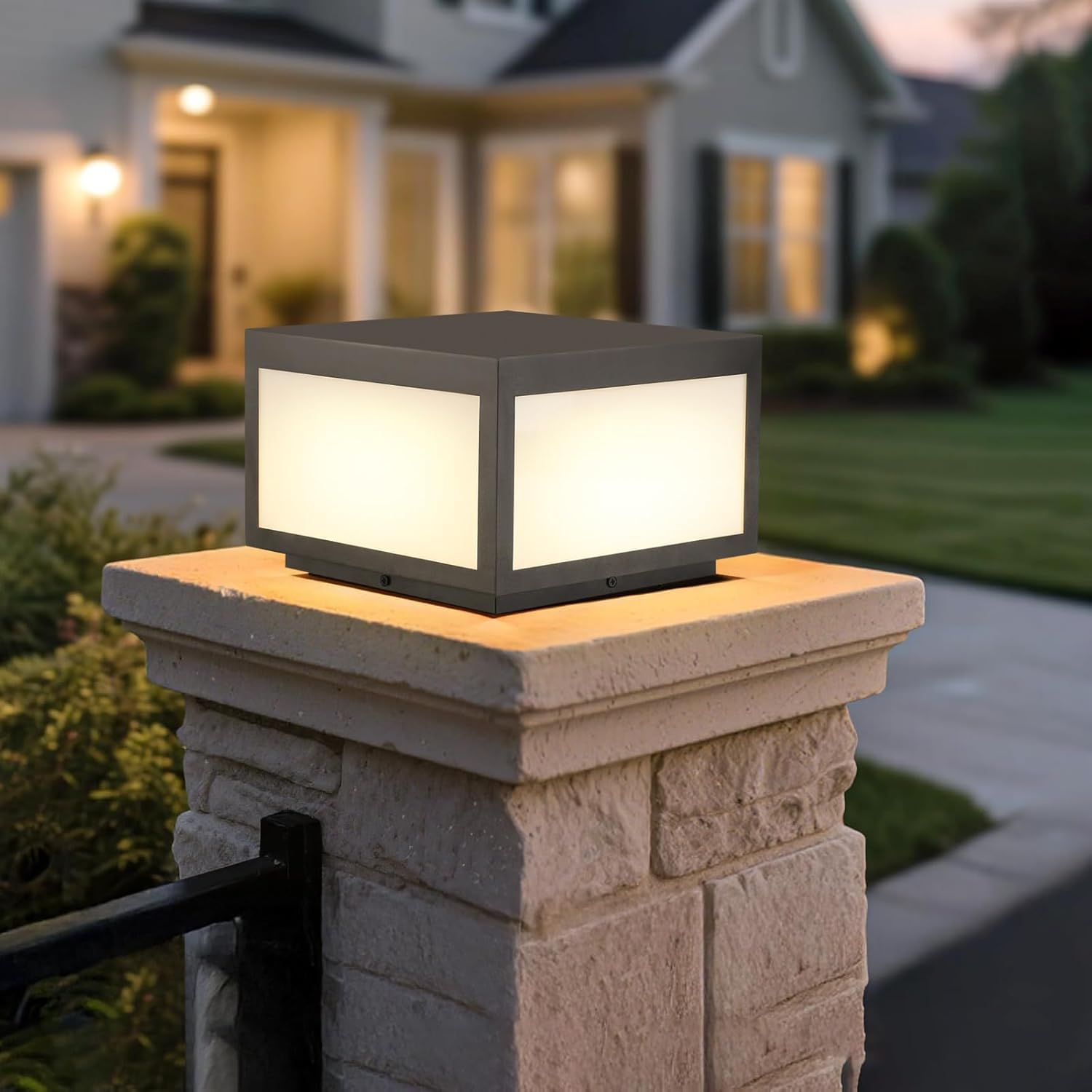 Outdoor Modern Post Light, Hard Wired Pillar Lights Square Post Column Caps Lamp for Flat Surface, Stainless Steel Fence Deck Cap Lantern Lighting for Patio Garden Driveways IP65 Waterproof 10"x10"