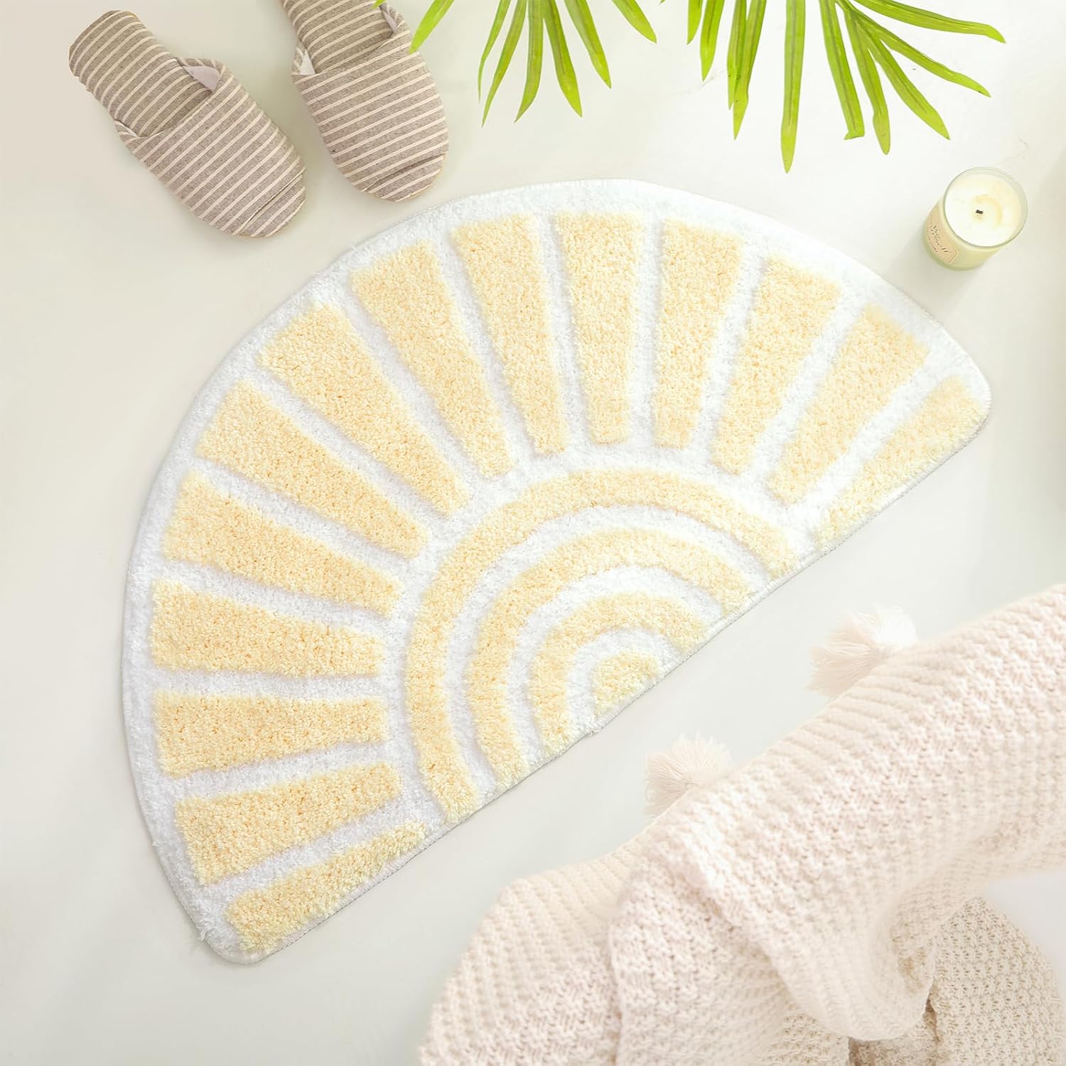 TRUEDAYS Colorful Boho Bath Mat Half Round Water Absorbent Non-Slip Bathroom Rugs, Machine Washable Soft Microfiber Sun Bath Rug for Bathroom, Shower, Room