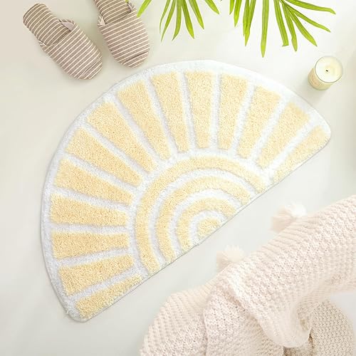 TRUEDAYS Alfombra de baño beige, medio círculo, bonita alfombra de baño bohemia, suave y esponjosa, absorbente de agua, lavable a máquina