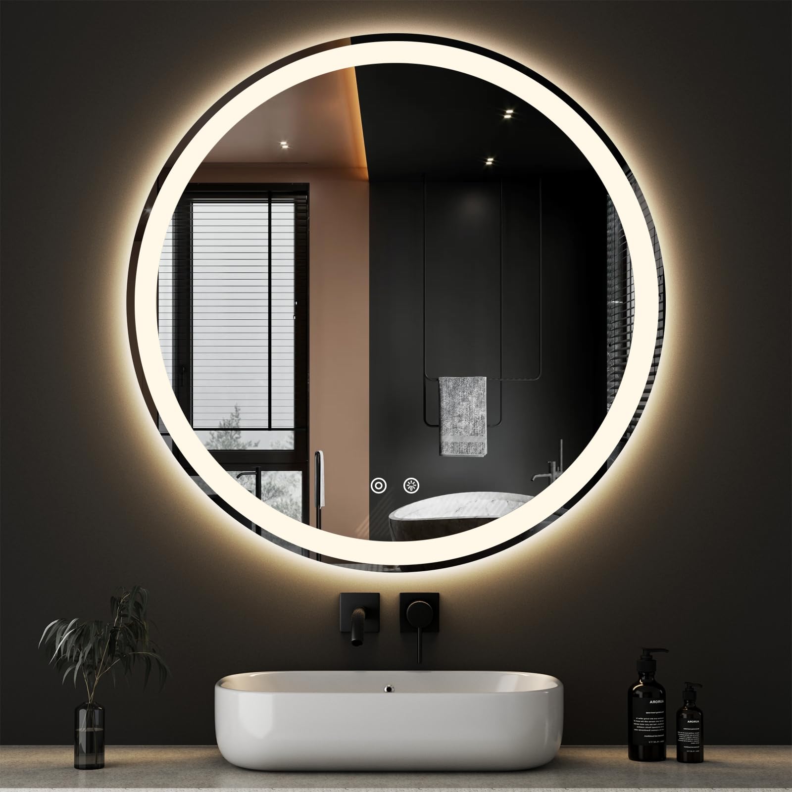 Sweetcrispy 36-Inch Round LED Bathroom Backlit Mirror with Lights, Circle Vanity Mirror with Anti-Fog, Dimmable, 3-Color Light, Memory Function, Tempered Glass