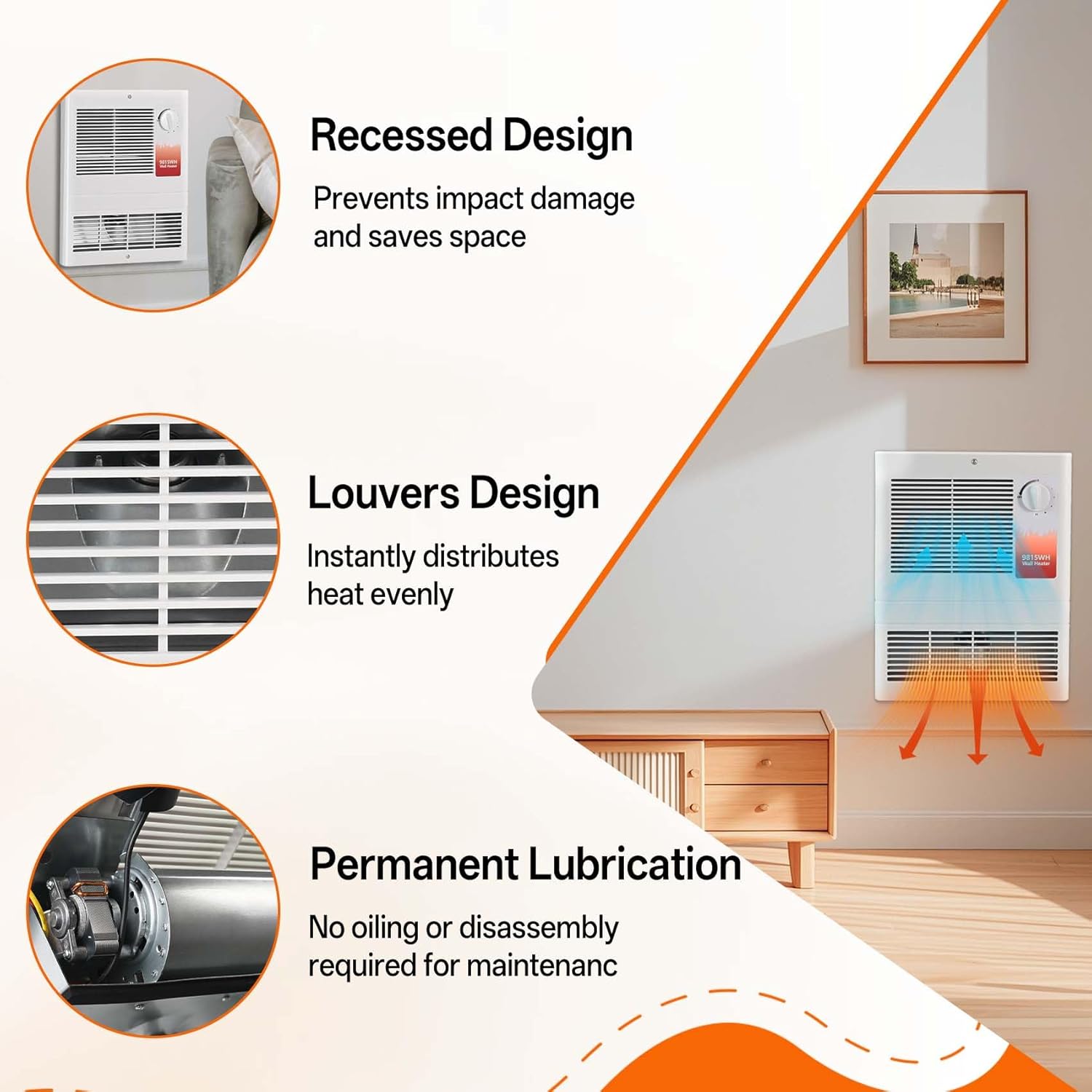 9815WH High Capacity Wall Heater with Built-In Adjustable Thermostat and Silent Motor, 1500W Large Capacity Electric Wall Heater for Bathroom, Bedroom, Living Rooms, Overheat Protection, 120/240V