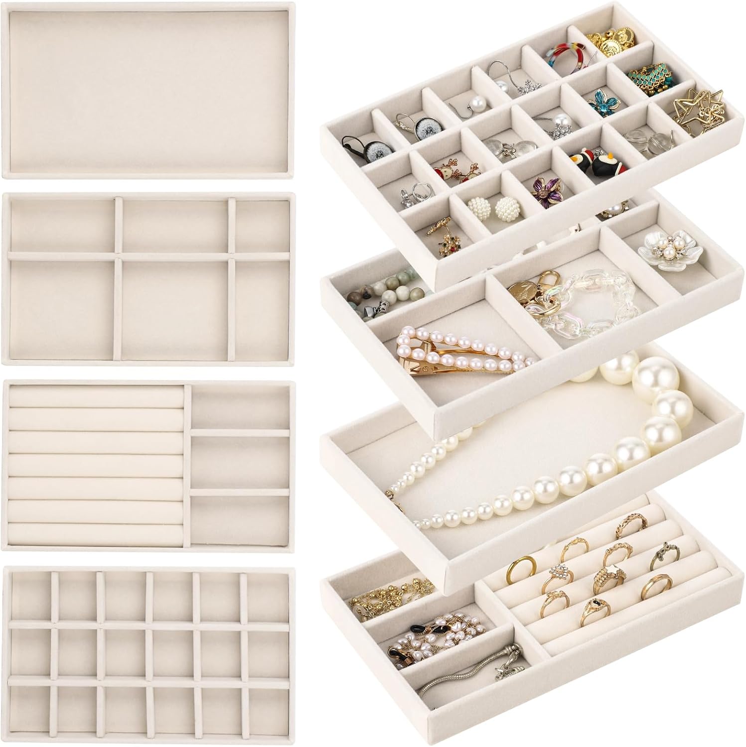 Homaisson Jewelry Drawer Organizer, Velvet Jewelry Tray, Multiple Compartment Layout, Set of 4 Jewelry Organizer for Rings, Earrings, Bracelets, Necklaces (Beige)