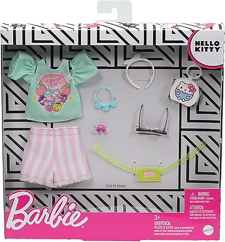 Miniatura 2 de Barbie Storytelling Fashion - Paquete de ropa de muñeca inspirada en Hello Kitty  Friends camiseta Aqua Kawaii Tokio pantalones cortos a rayas y 6