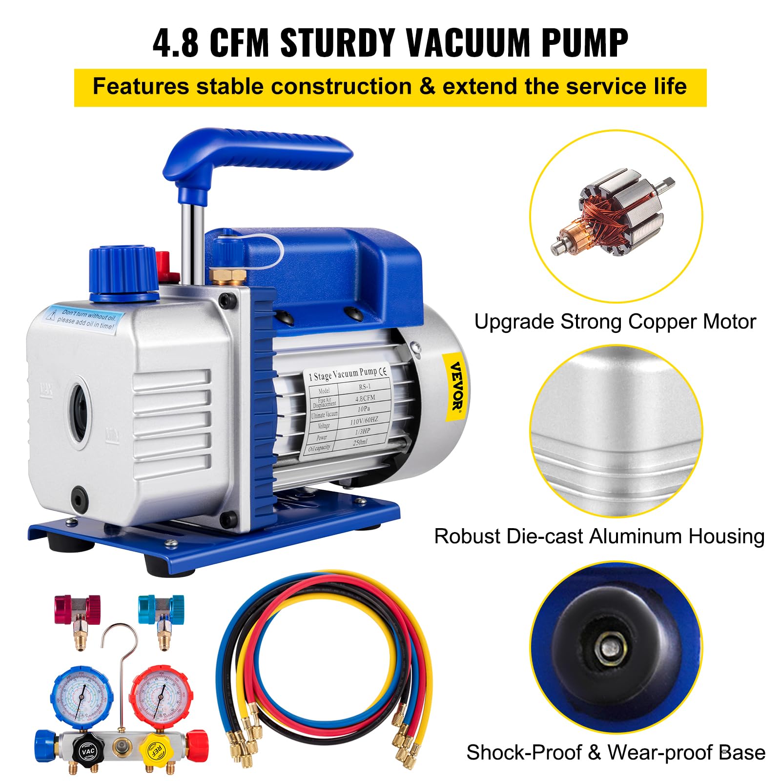 VEVOR 4.8CFM 1/3 HP Vakuumpumpe Klimaanlage Unterdruckpumpe Ansaugpumpe Einstufig für HVAC A/C Kühlsysteme, 5PA ultimatives Vakuum, Manometer Kit inklusive 4-Wege Manometer & Schlauch