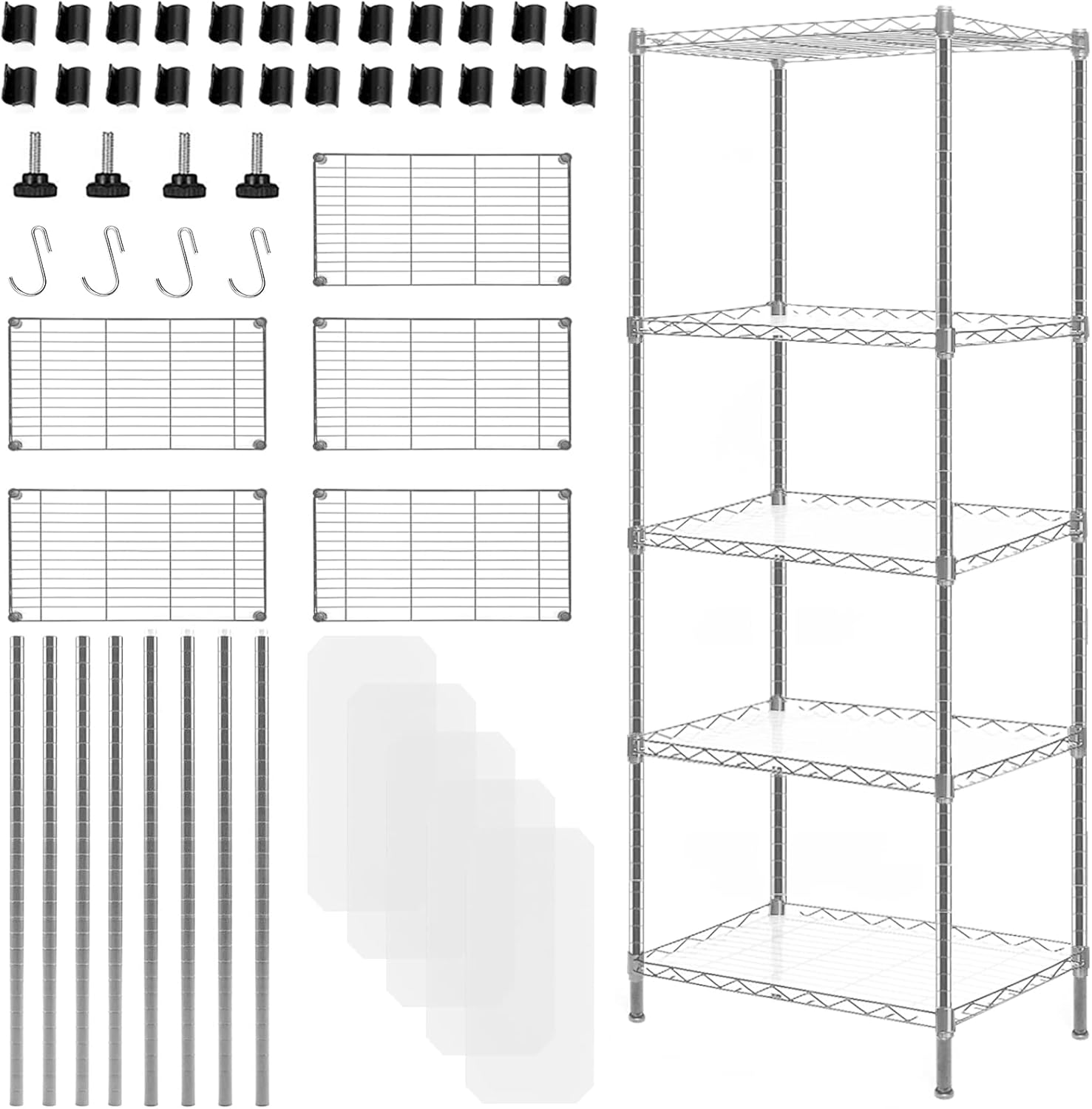 vkahaak 5 Tier Adjustable Wire Shelving Unit, 22" x 12" x 60" Metal Storage Rack 550Lbs Capacity with 4 Hooks, Steel Utility Storage Shelf Organization for Kitchen/Garage/Bathroom/Pantry/Closet 5 Tier Silver