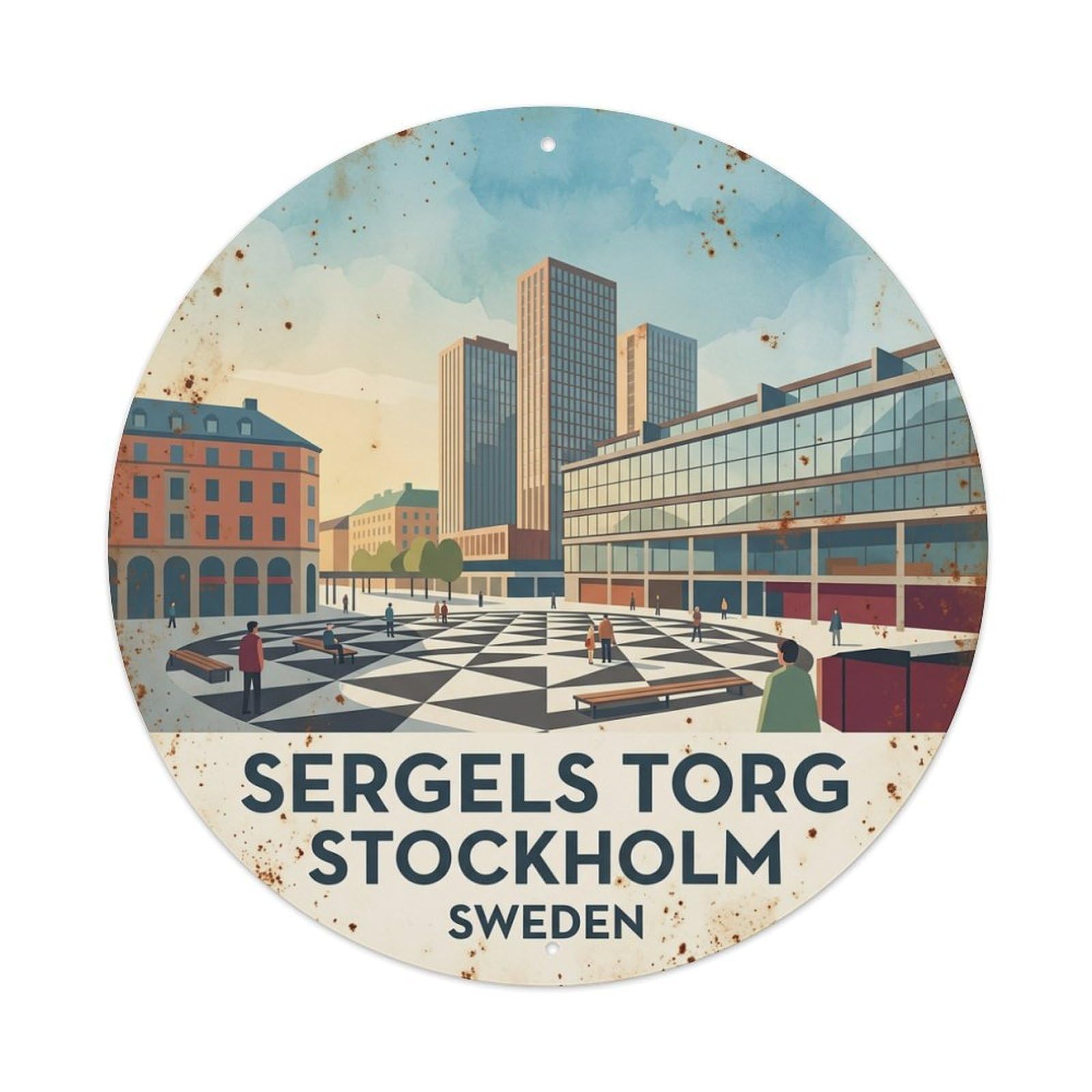 Vintage Travel Sergels Sweden Plaza Metal Tin Sign