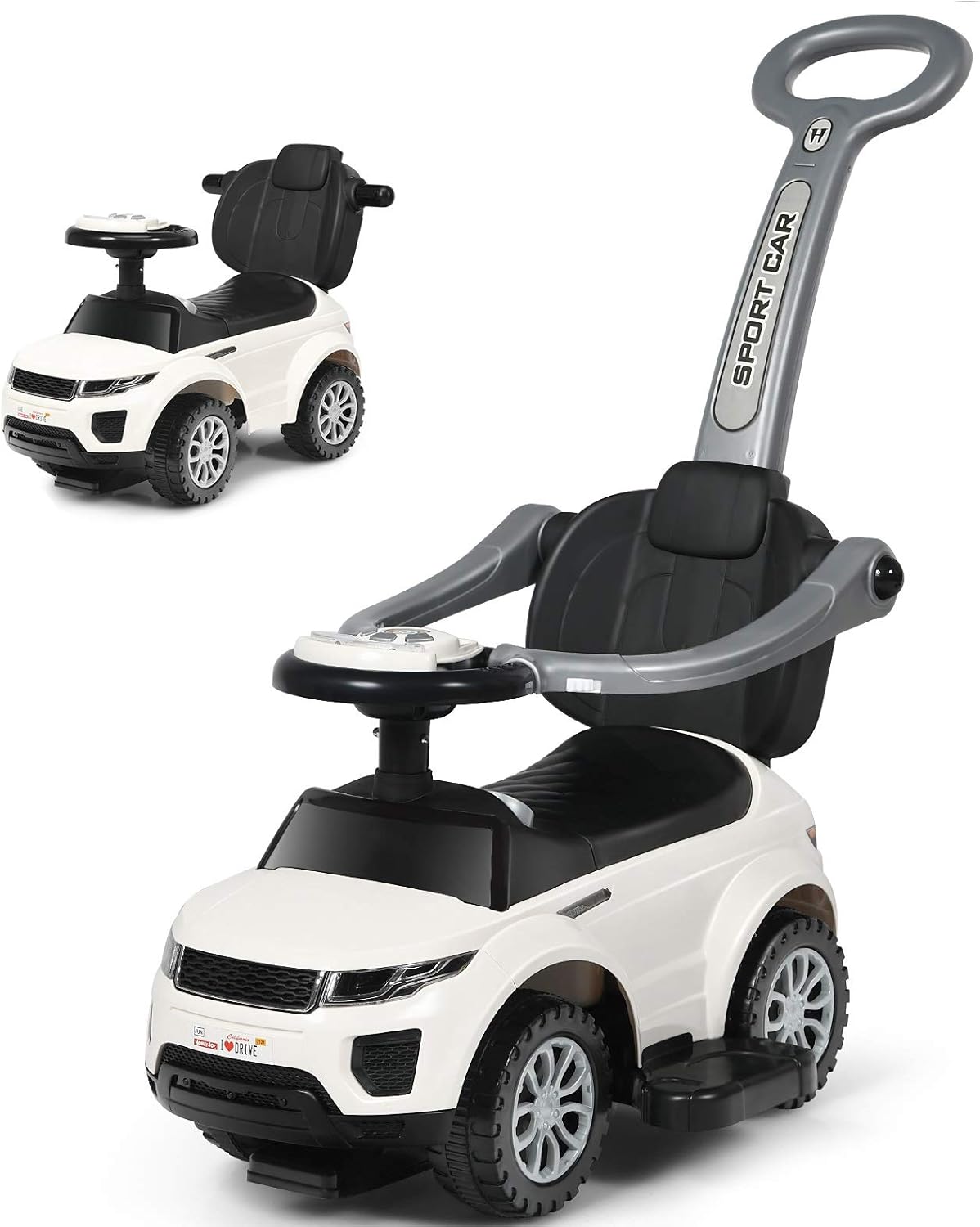 Costzon 3 in 1 Ride on Push Car, Stroller Sliding Walking Car with Horn, Music, Light, Under Seat Storage, Parental Handle, Armrest Guardrails, Ride on Toy for Boys & Girls (White)