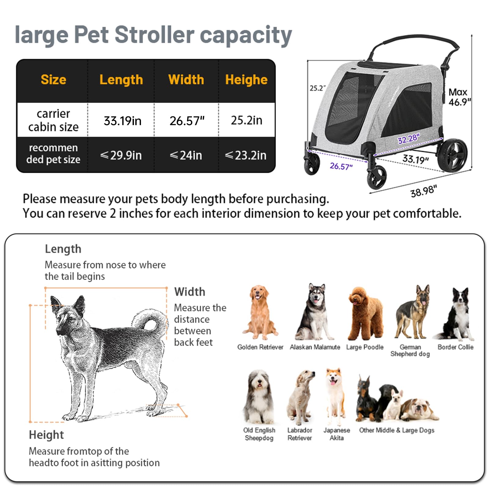 EchoSmile Hundewagen für Mittelgroße und Große Hunde bis 70kg, Faltbar Hundebuggy mit Netzfenstern, Verstellbarem Griff & 4 Geländegängige Räde, Grau