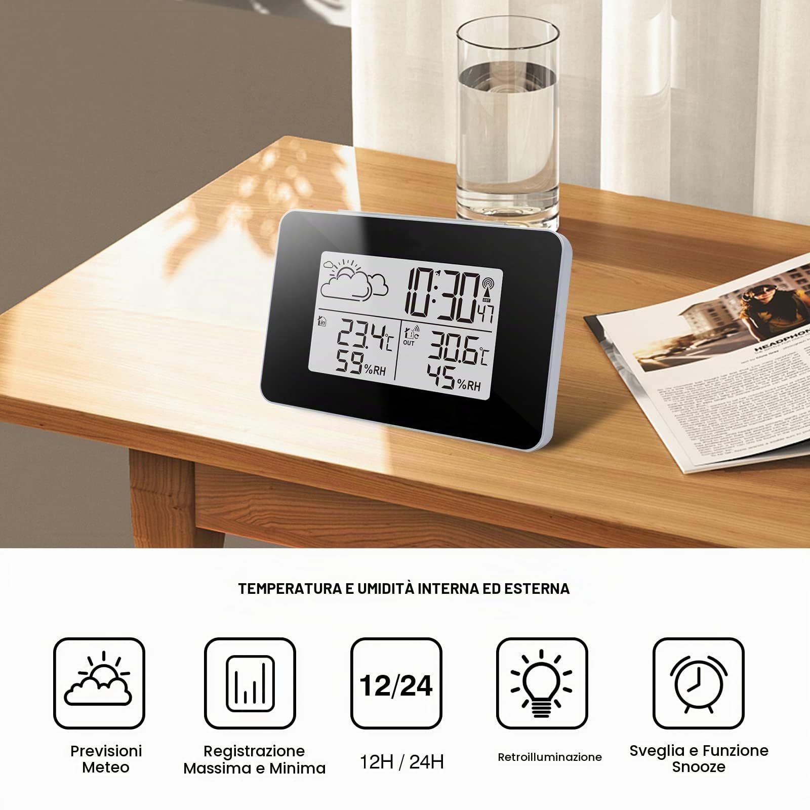 eMylo Stazione Meteo Radio con sensore Esterno, Termometro Digitale LCD Ambiente Interno Esterno - Igrometro Umidità con Retroilluminazione e Previsioni Meteo per Casa Camera da letto Giardino