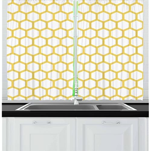 Ambesonne Yellow and White Long Kitchen Curtains, Hexagonal Pattern Honeycomb Beehive Simplistic Geometrical Monochrome, 2 Panel Set Drapes with Rod Pocket Room Decor, 55" x 45", Yellow White