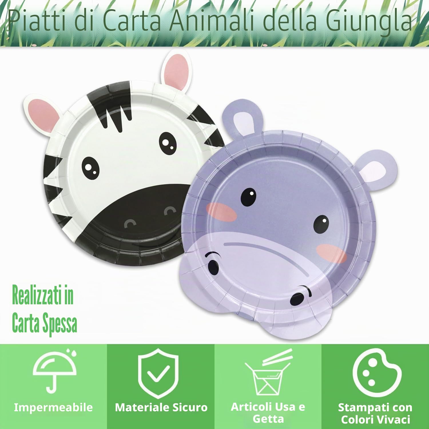 Confezione da 60 piatti di carta animale Jungle Safari per feste di compleanno, festa allo zoo, baby shower