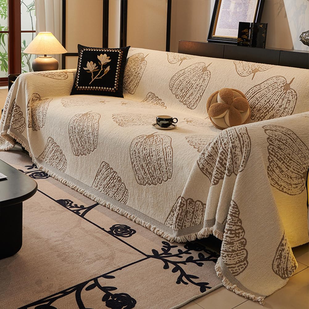 Housse de canapé vintage fleurie réversible café 180x280cm avec pompons pour salon