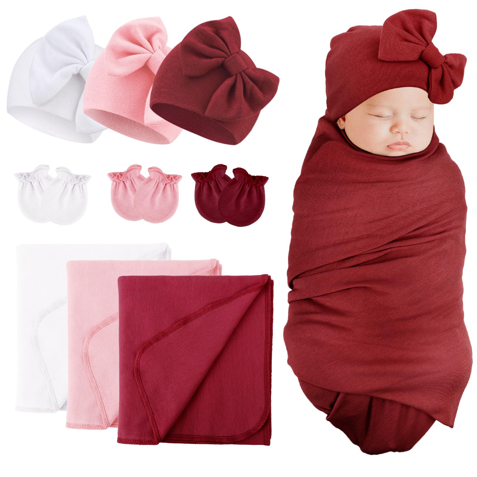 BQUBO Newborn Receiving Blanket Bow Hat Gloves Set Cotton Warm Baby Swaddle Blanket Wrap Baby Sleep Sack Shower Gift