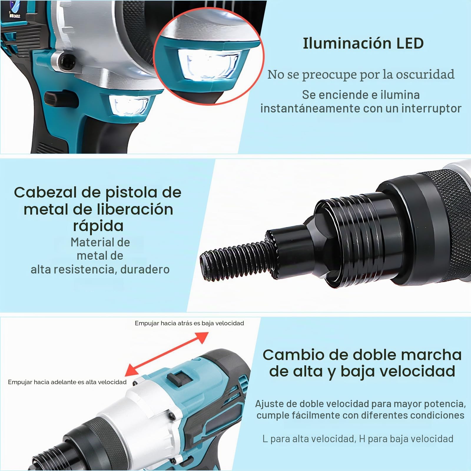 Remachadora inalámbrica portátil y Remachadora de Tuercas, Remachadora eléctrica con batería de 21 V para un Montaje rápido de Tuercas M3, M4, M5, M6, M8, M10 y M12 en Acero.