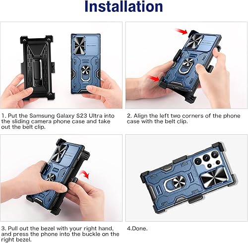 Miniatura 7 de VEGO Funda para Galaxy S23 Ultra con soporte, cubierta deslizante para cámara y soporte de anillo magnético y funda resistente con clip para