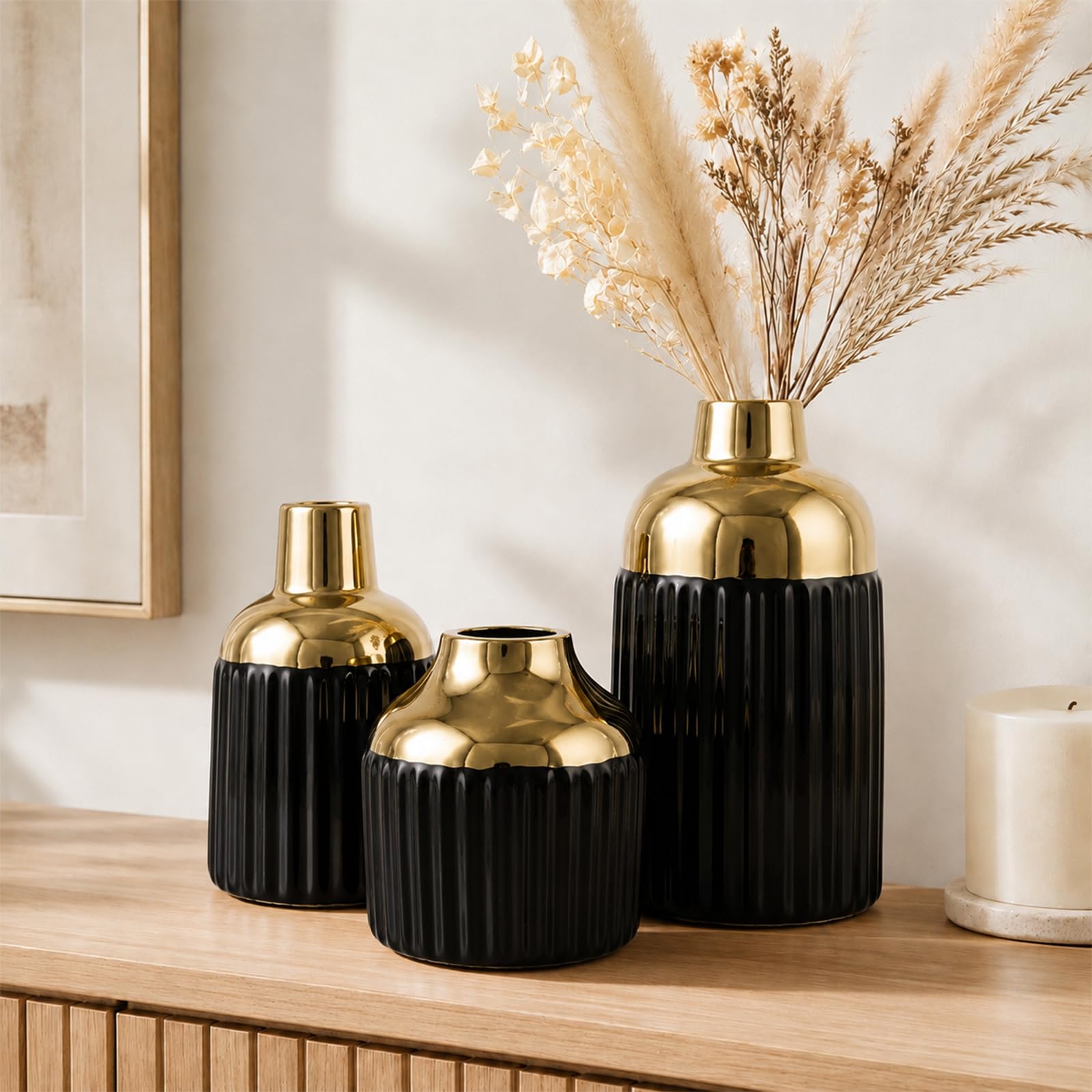 Juego de 3 jarrones de cerámica, jarrones modernos para decoración del hogar (negro dorado)