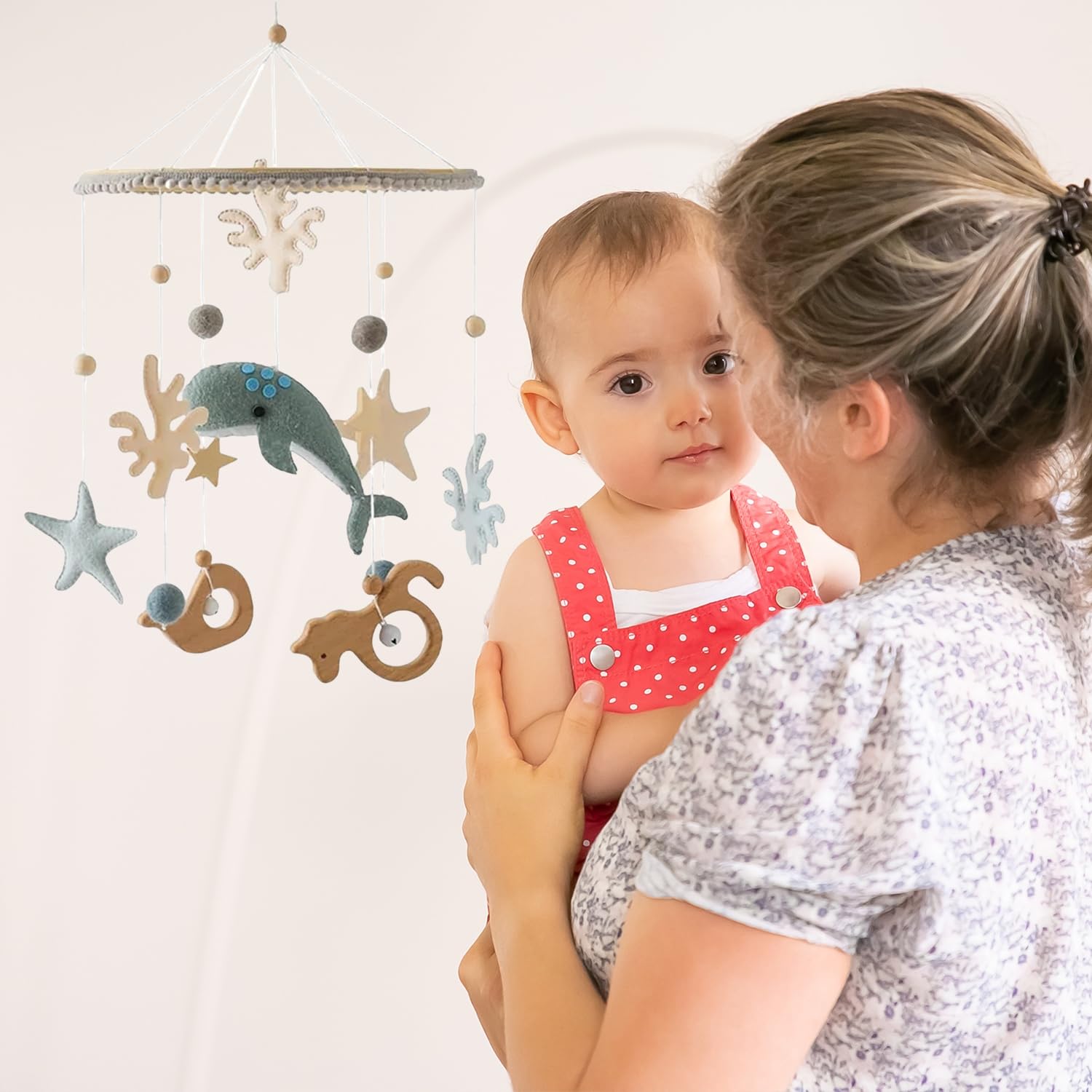 Herfair Meer Welt Carillon éolien, mobile 3D, en bois, avec boules de feutre, pour lit de bébé, garçon et fille, pour lit de bébé, garçon et fille, bleu