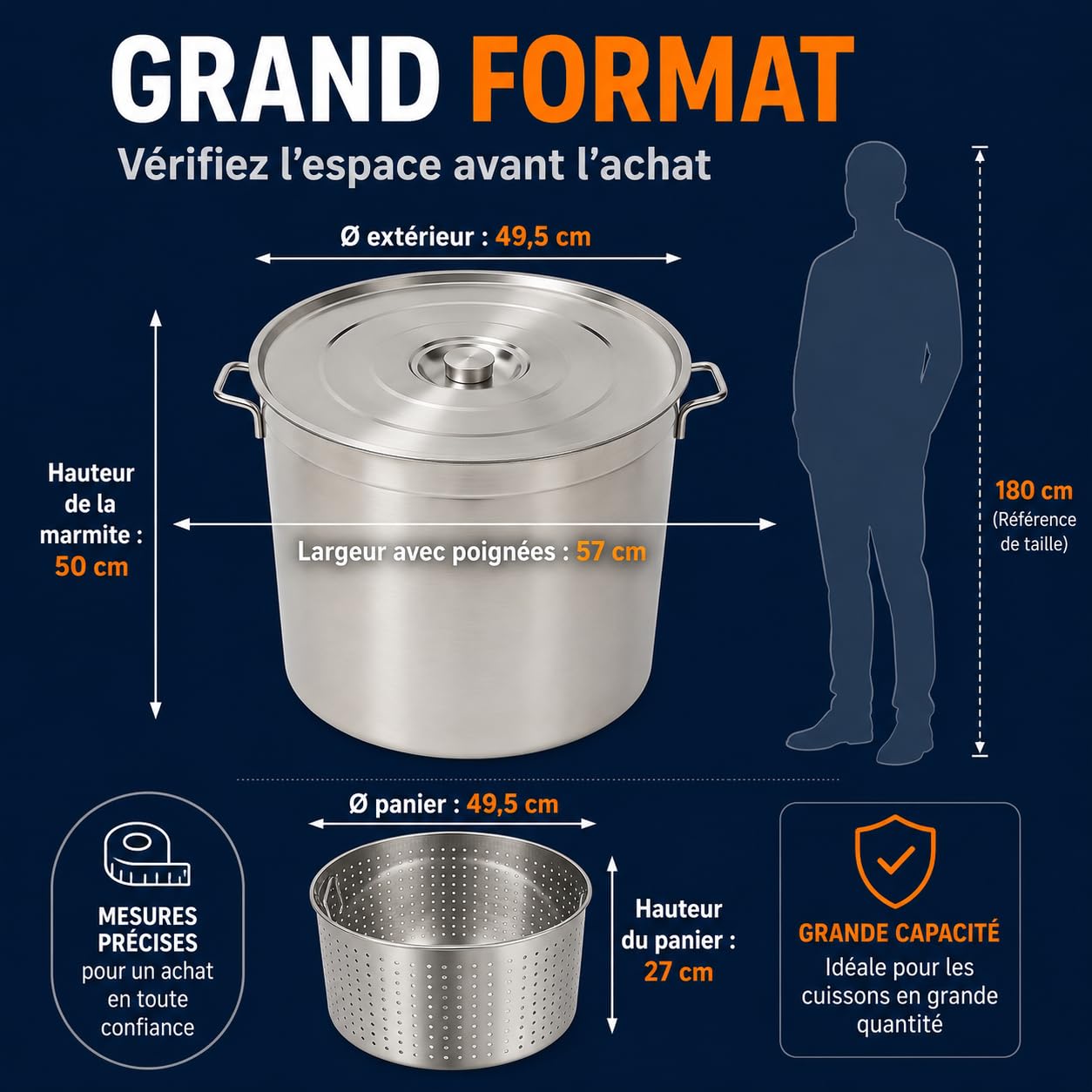 Marmite Inox 100 L avec Panier et Couvercle Faitout Induction