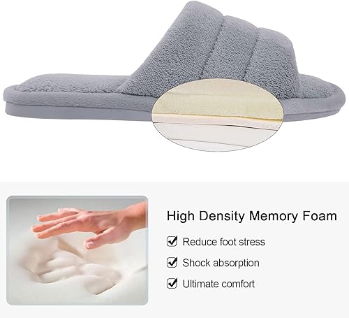 Miniatura 4 de shevalues Pantuflas de tela de rizo con punta abierta para mujer, pantuflas de espuma viscoelástica