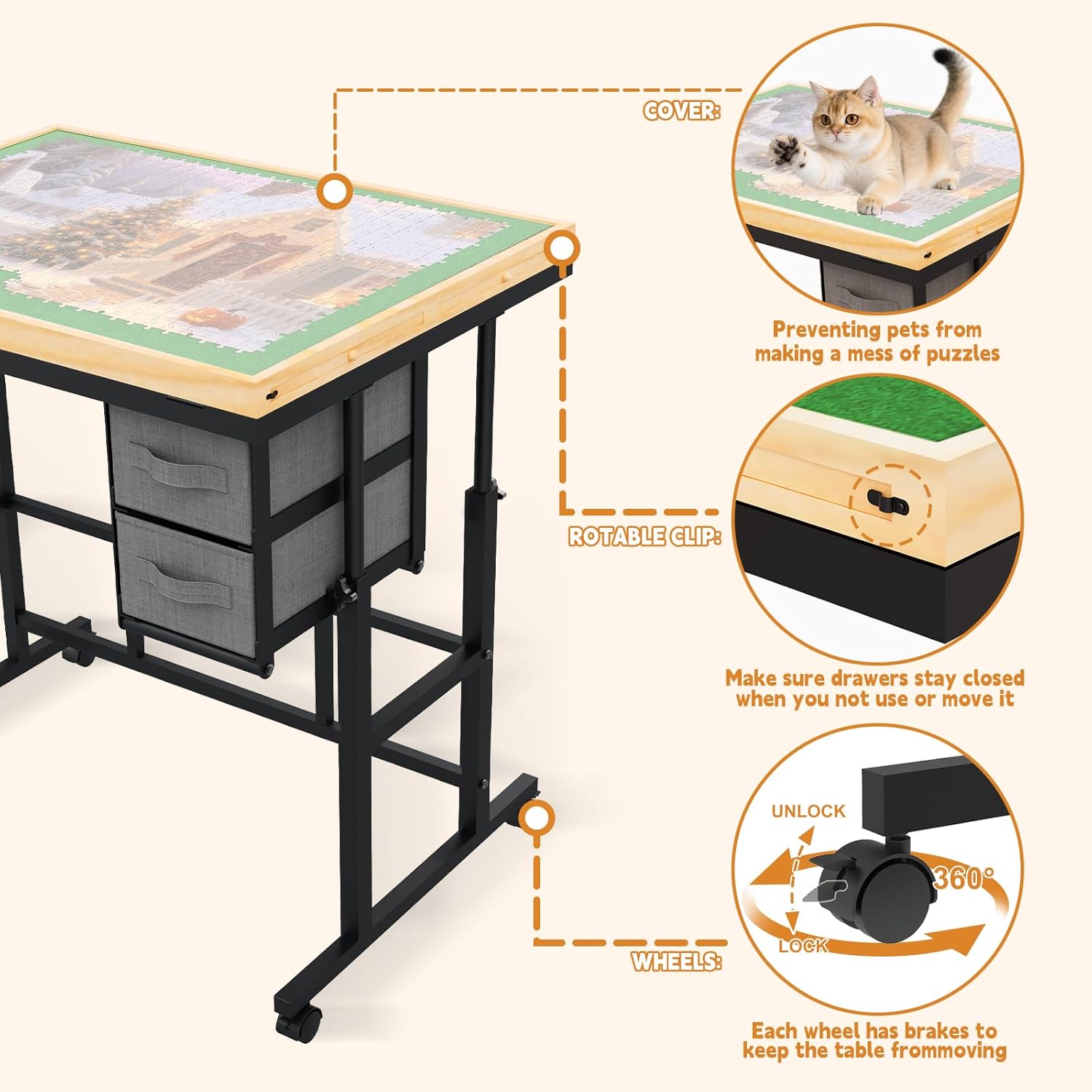 Jigsaw Puzzle Table with Drawers × 6,1500pcs Adjustable Height and Five up Angles Puzzle Tables for Adults with Drawers,Cover,Wheels for Indoor Game in Winter(Green)