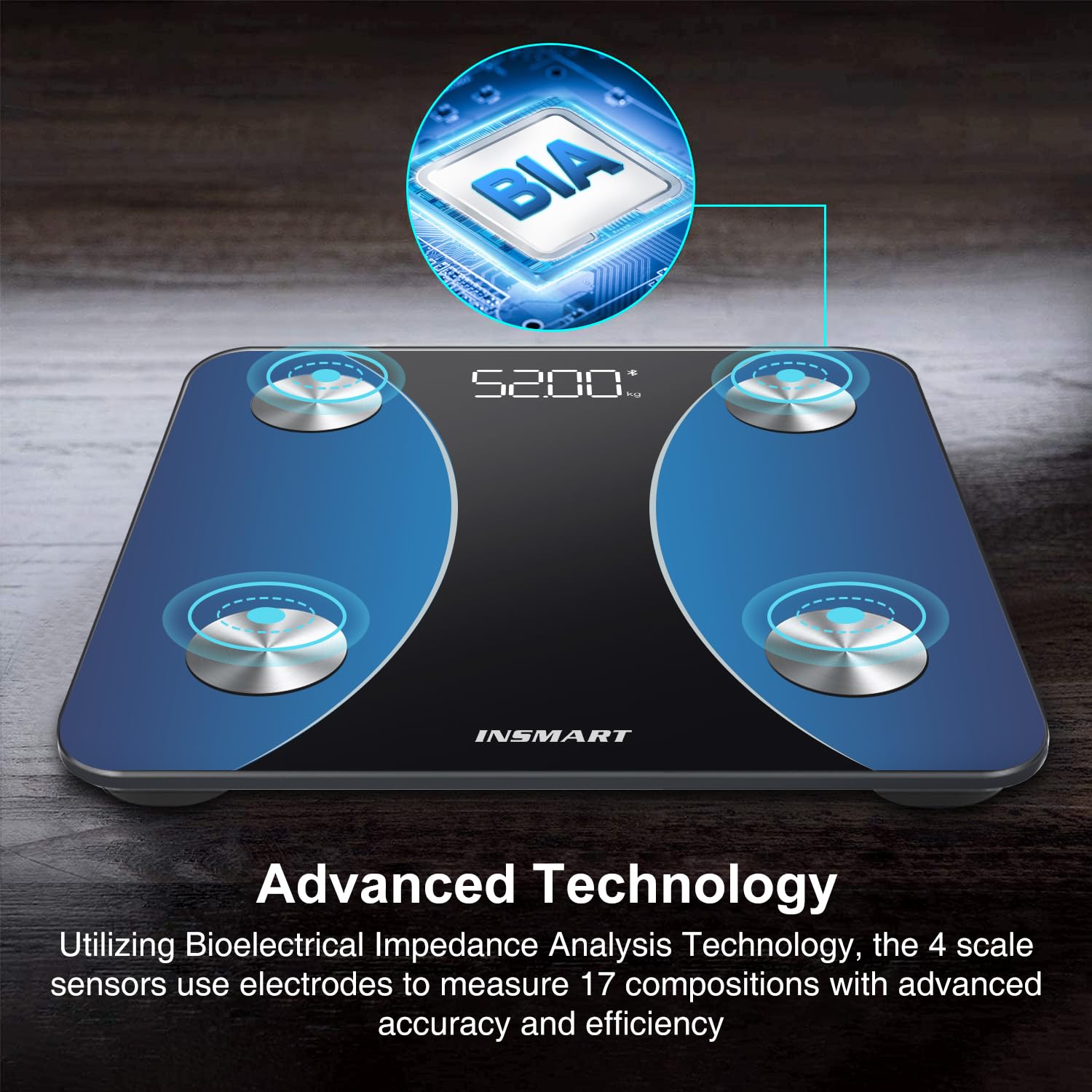 Bilancia Pesapersone Digitale Professionale, INSMART Bilancia Impedenziometrica Smart Bluetooth con 16 Indici di Misurazione Pesa Persone, Massa Grassa e Magra, BMI, Massa Muscolare o Ossea, 180KG