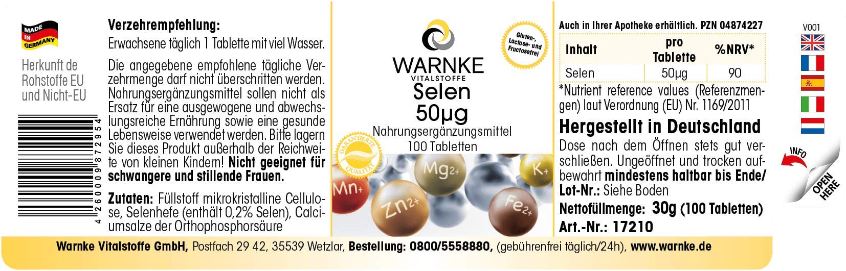 Selenio 50 mcg - 100 compresse - Antiossidante | Warnke Vitalstoffe - Qualità da farmacia tedesca