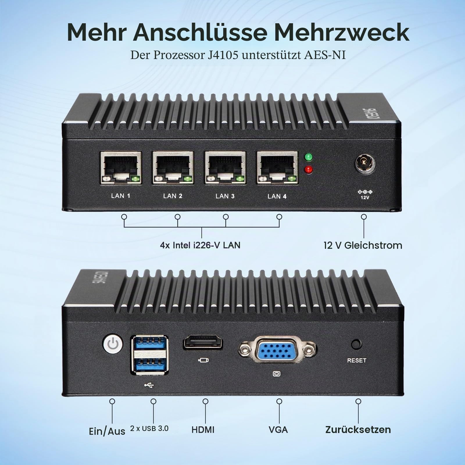 lüfterloser Firewall-Mini-PC mit Intel J4105 Quad-Core, 4X Intel 2,5-GbE-i226-V-LAN-Anschlüsse, AES-NI-Netzwerk-Gateway-Test mit pfSense/opnSense (Kein DDR4-RAM Keine mSATA-SSD Kein System)