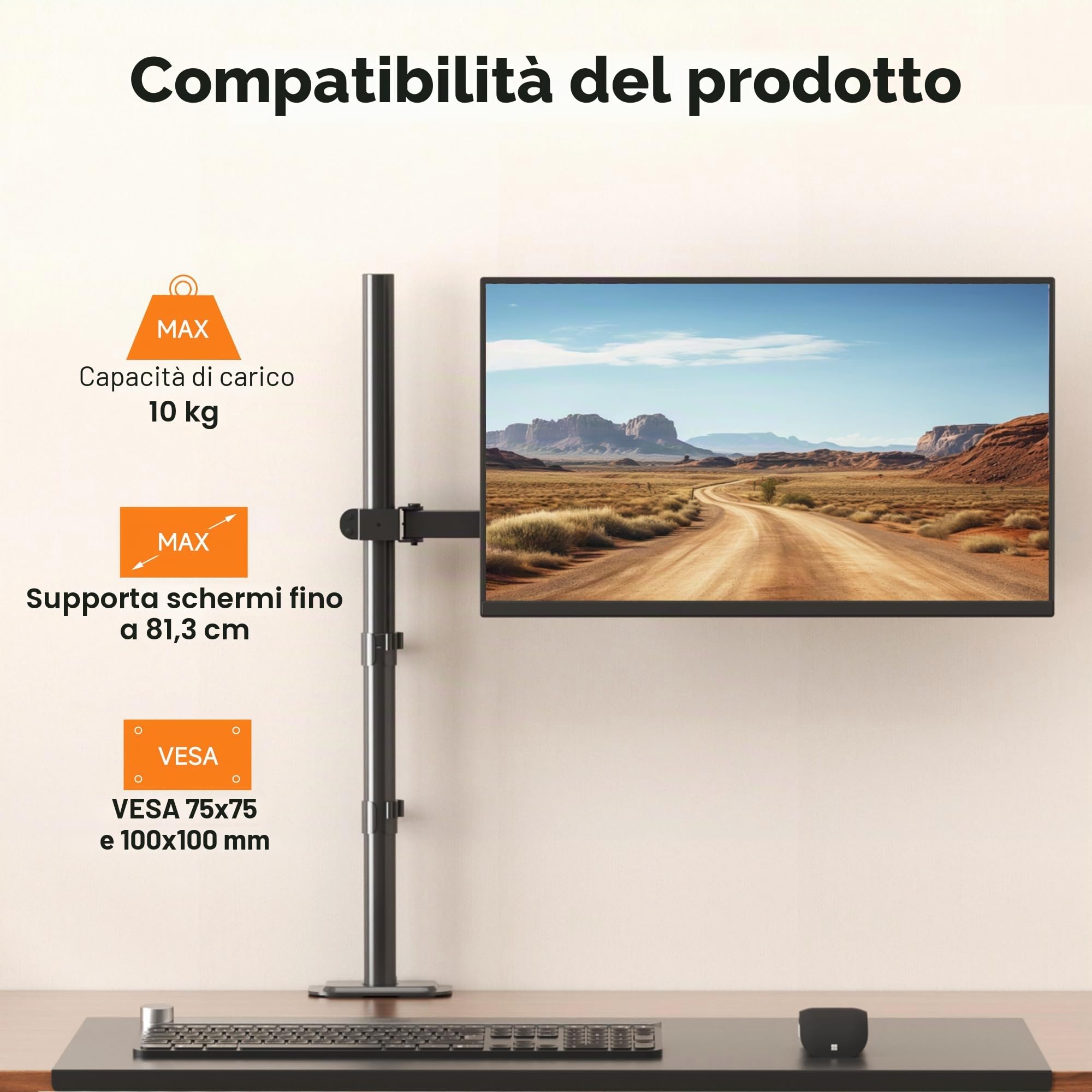 Bracwiser Supporto per braccio per monitor singolo completamente regolabile in altezza 800 mm di altezza per monitor schermo del computer 13 15 17 19 20 22 23 24 26 27 30 32 pollici VESA 75 100 MD7821